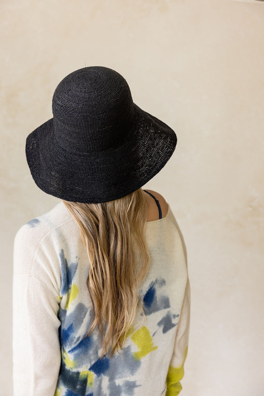 Person wearing a black straw hat with a plain background