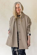 Person wearing a beige trench coat against a plain background