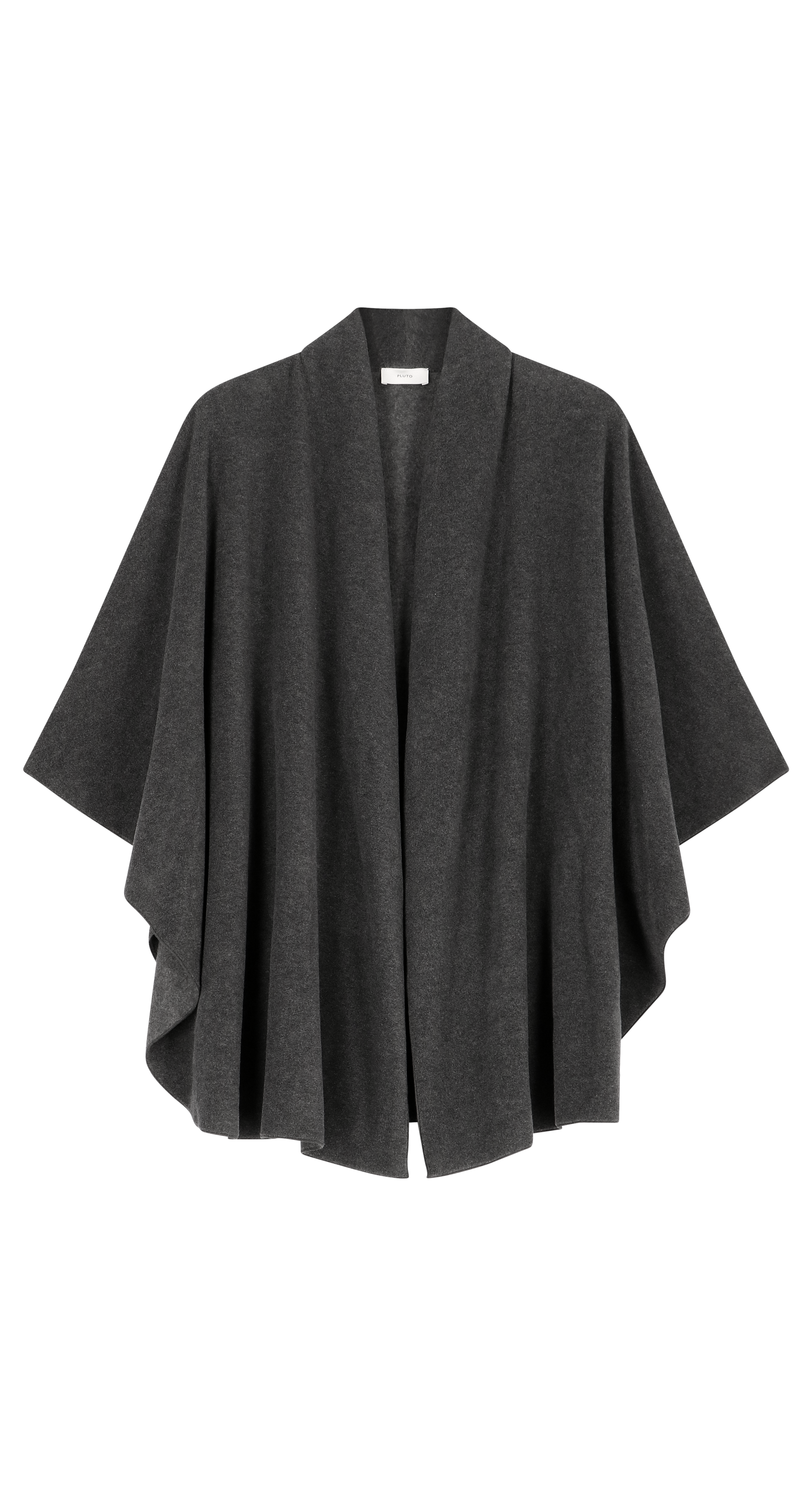 A dark gray open-front cape cardigan with wide draped sleeves, shown against a plain white background.