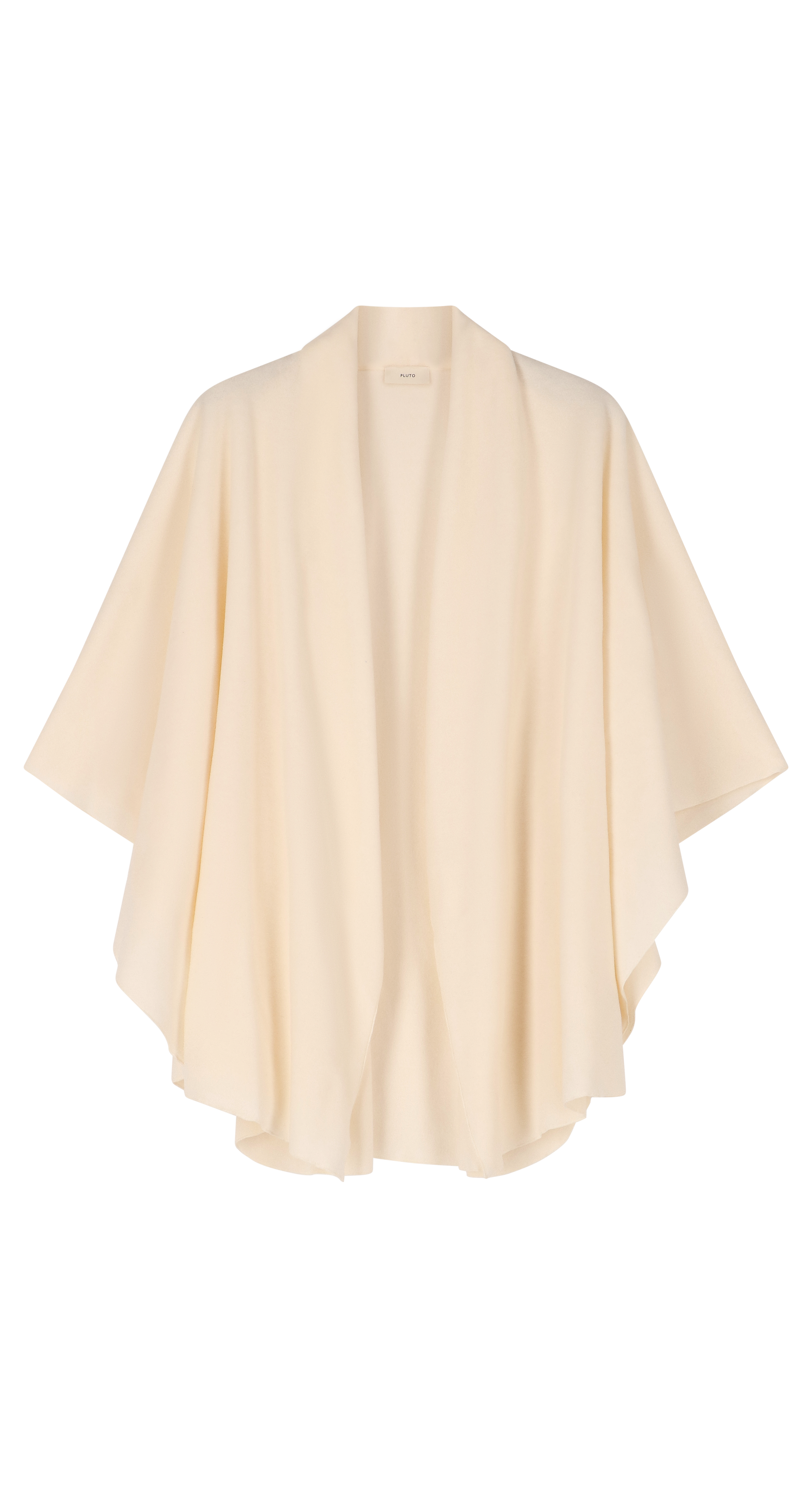 A light cream or off-white open-front cape cardigan with wide draped sleeves, shown against a plain white background.