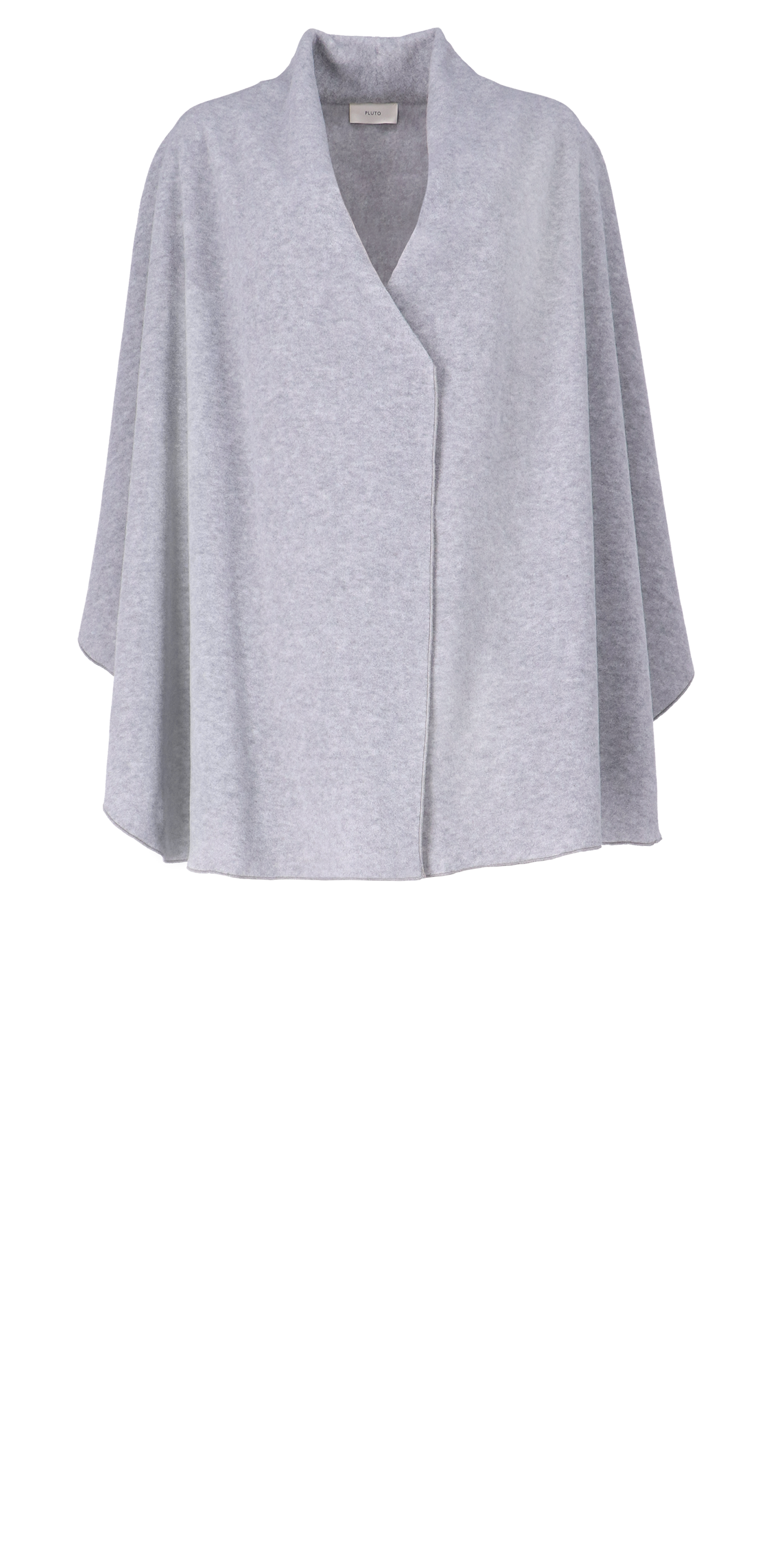 A light gray heathered knit cape cardigan with a V-neckline and wide draped sleeves, shown against a plain white background.