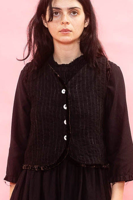 sula | Buttoned Waistcoat Black Wool Stripe with Velvet Lining