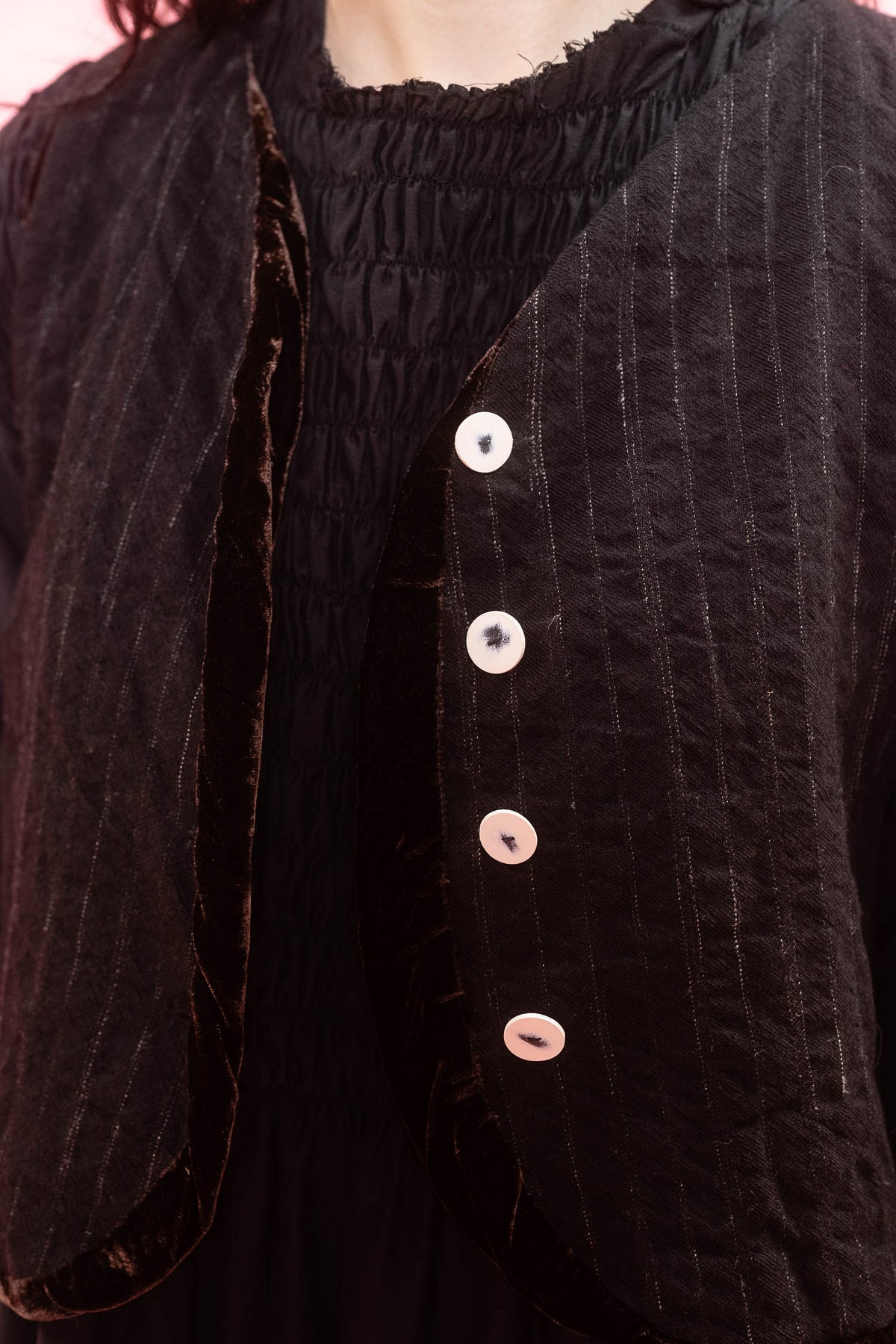 sula | Buttoned Waistcoat Black Wool Stripe with Velvet Lining