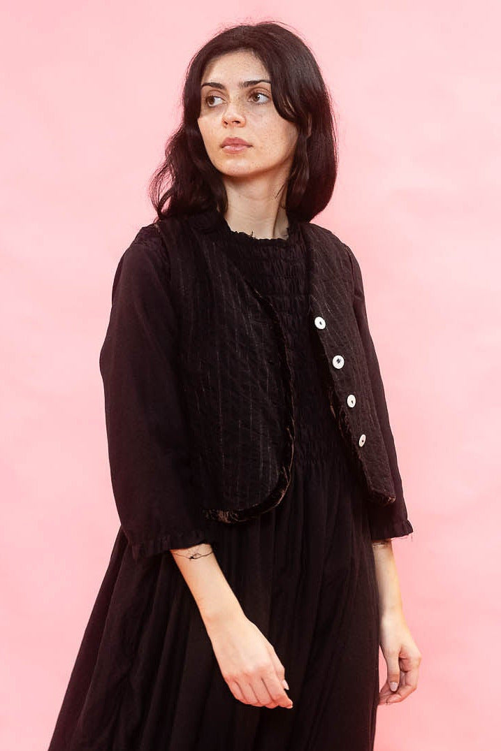 sula | Buttoned Waistcoat Black Wool Stripe with Velvet Lining