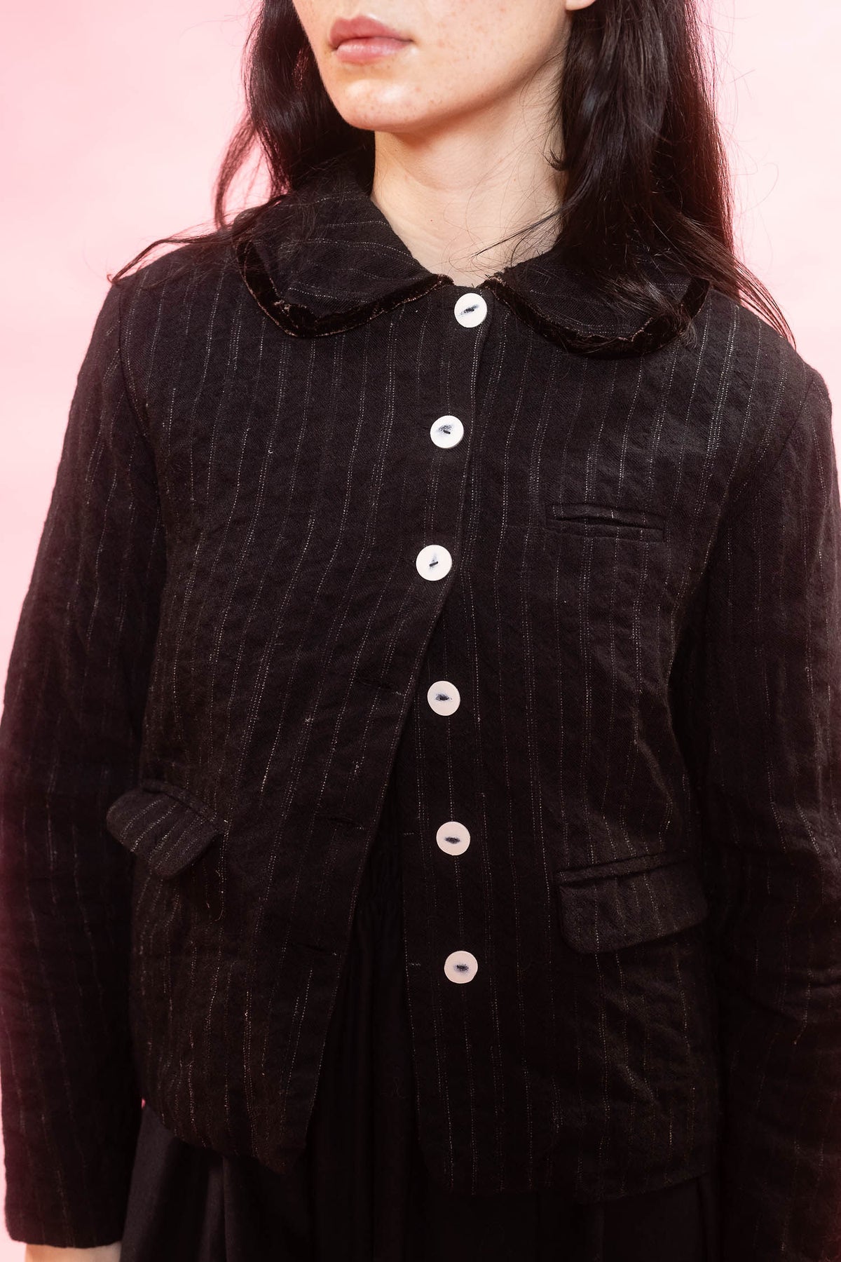 sula |  Frill Stanley Jacket Black Wool Stripe with Brushed Cotton Lining